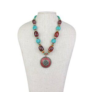 Colorful Handmade Womens Bead & Pendant Necklace Red/Green/Gold Tone